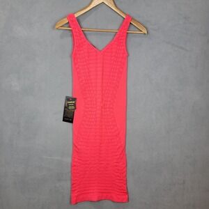 Bebe Bodycon Dress Women's Small Pink Printed Stretch V-Neck Wide Strap Pullover